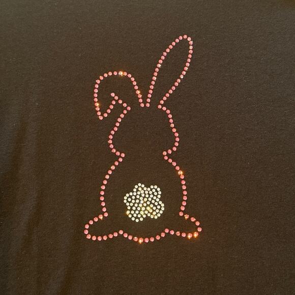 Rhinestone Pink Easter Bunny T-Shirt Short Sleeve Black Tee NEW Sparkly! - Picture 4 of 4